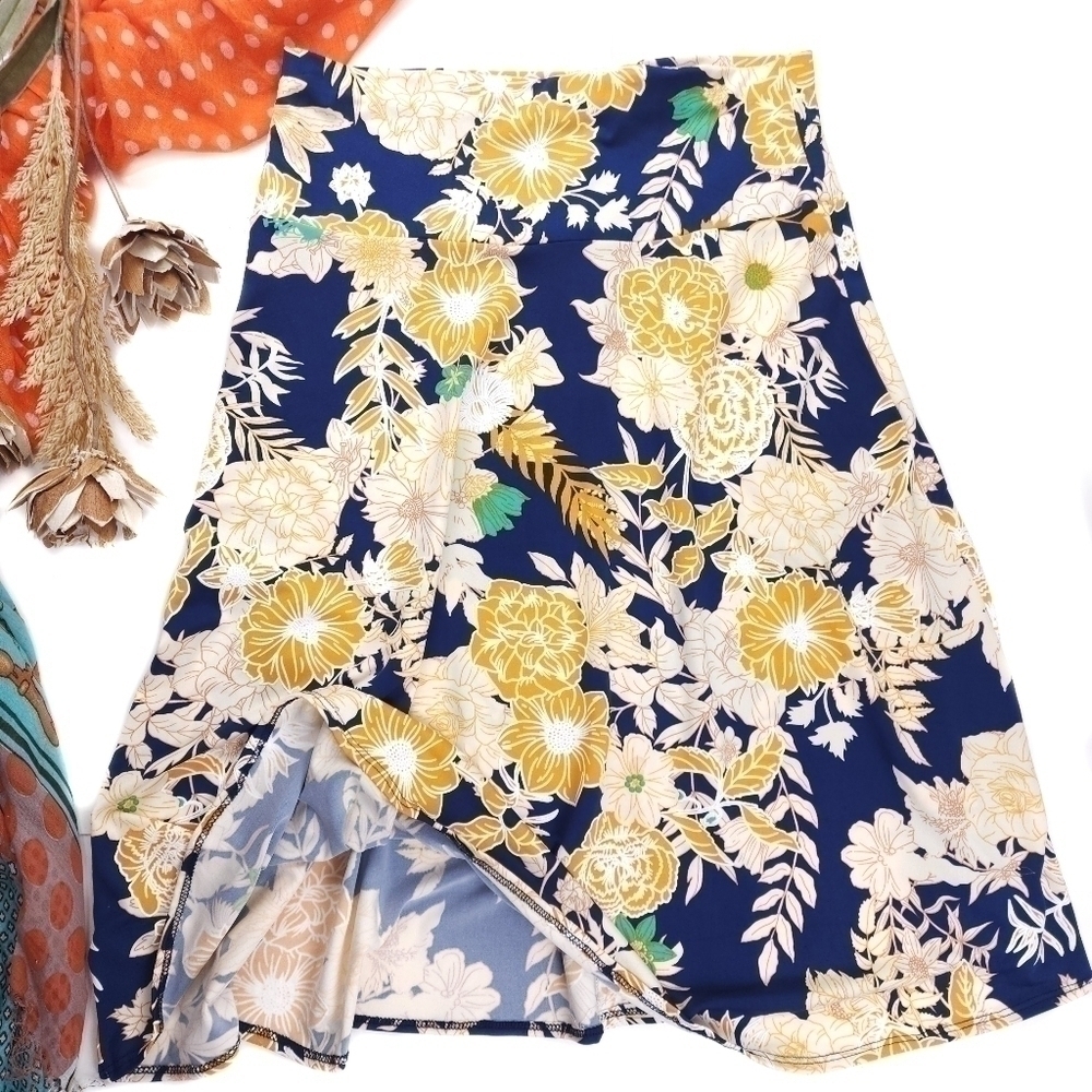 Elisabeth & Nicole Blue Yellow White Floral Skirt Sz L